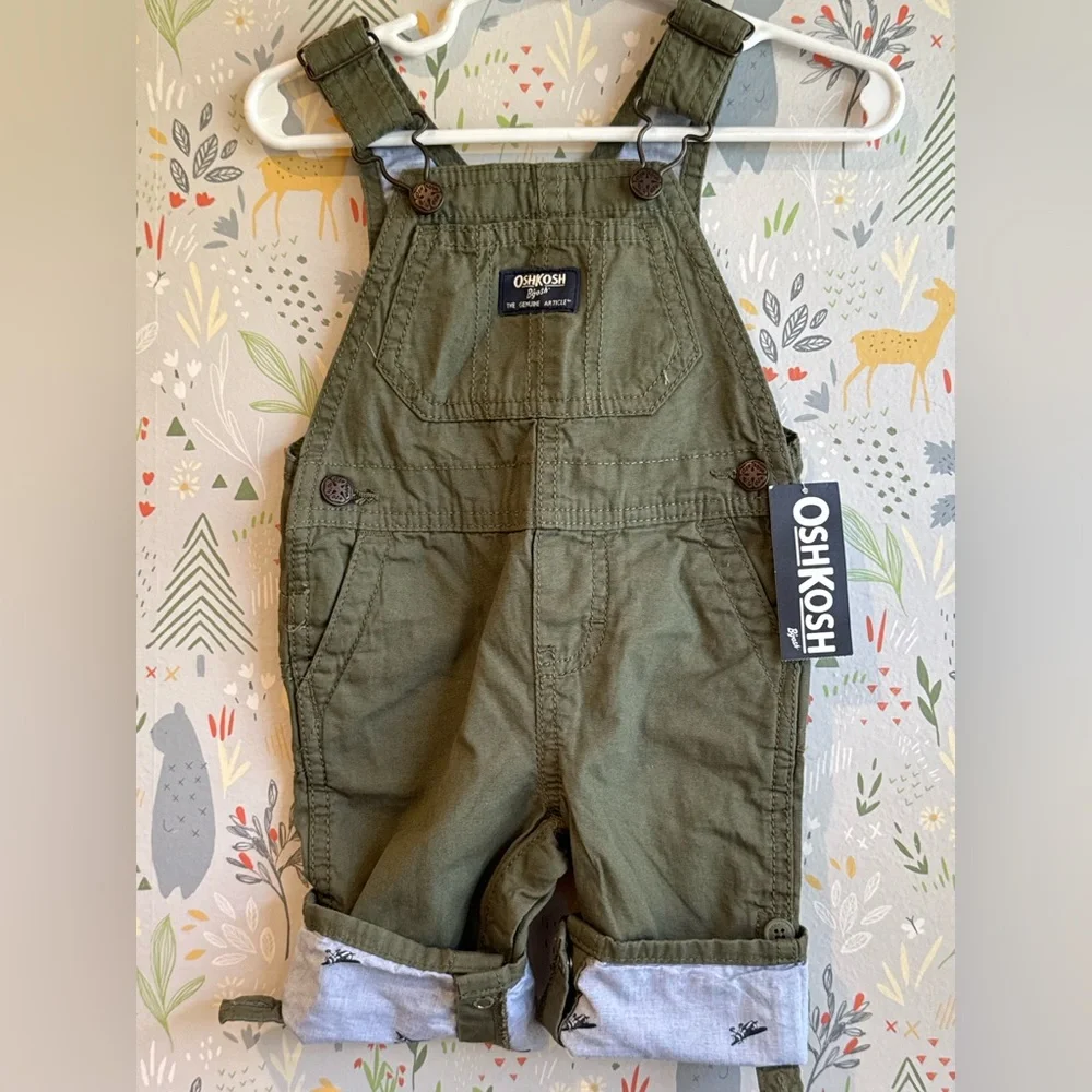 NWT Oshkosh baby B’gosh 6 Month Airplane Lined/ Cuff Army Green Vestbak Overalls